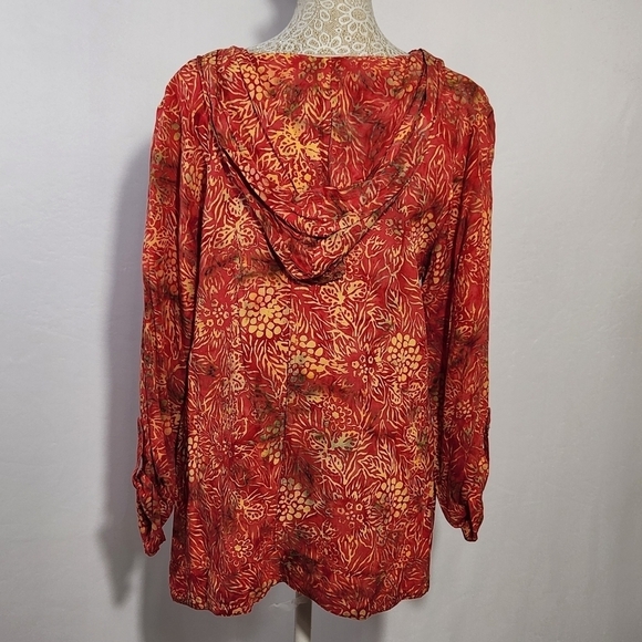 Soft Surroundings Women Orange Floral Print Hooded Pullover Roll Tab Sleeve PS - Picture 9 of 14